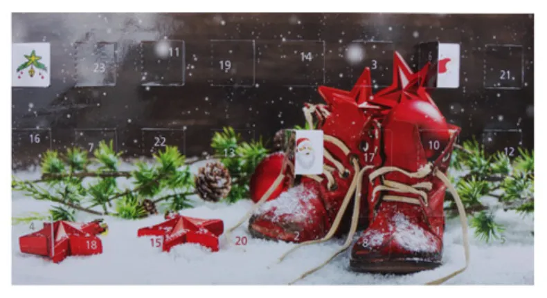 Frontansicht einer Adventskarte – alle 24 Nummern gut lesbar, stimmungsvolles Weihnachtsmotiv